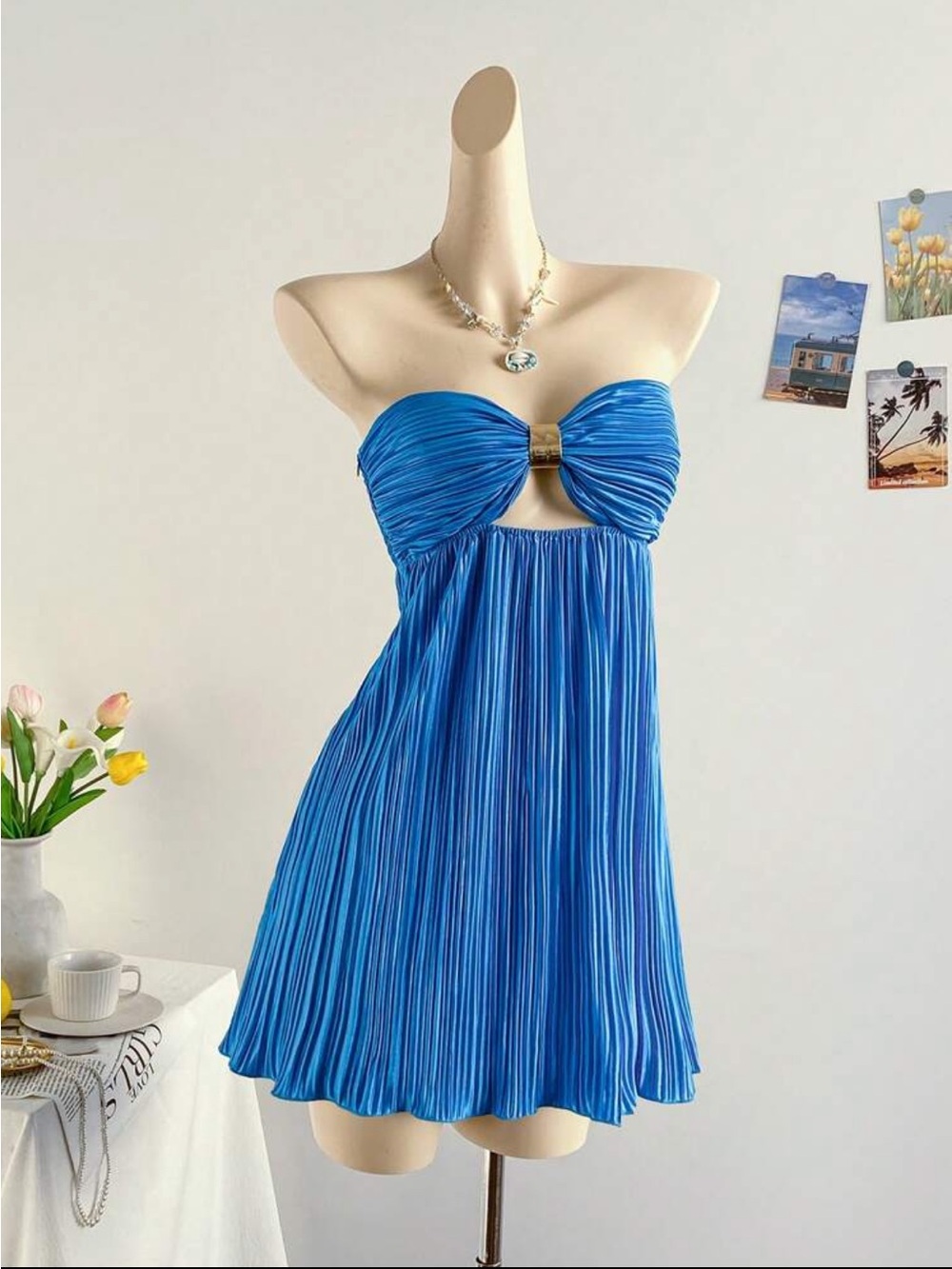 Shein Soleia Strapless Blue Pleated Mini Dress - BRAND NEW, NEVER WORN